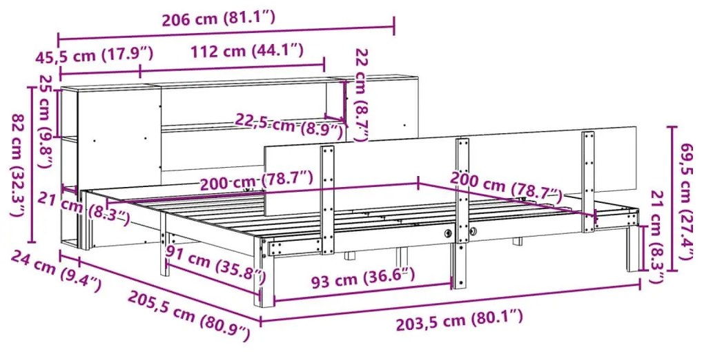 Κρεβάτι Βιβλιοθήκη Χωρίς Στρώμα 200x200 εκ Μασίφ Ξύλο Πεύκου - Λευκό