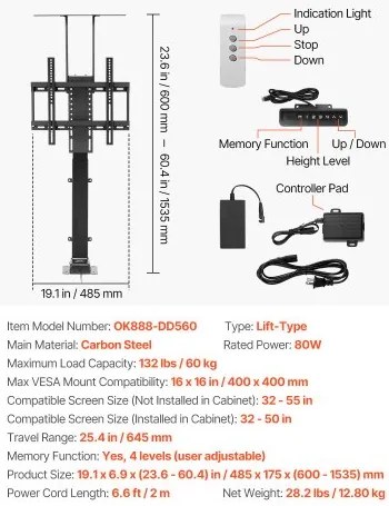VEVOR Motorized TV Lift Stand Mount Bracket 132 lbs Load with Remote Control