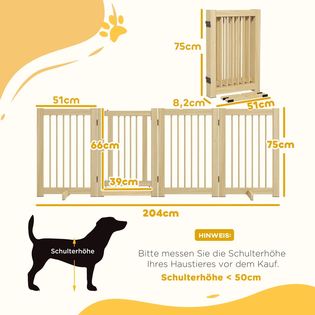 PawHut Ανεξάρτητο Πάνελ Σκύλου, 4 πάνελ, ευέλικτο, ξύλο πεύκου, 204L x 36W x 75H cm, Φυσικό ξύλο