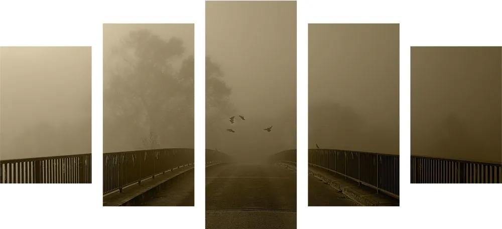 Εικόνα 5 μερών υπέρπτηση πουλιών πάνω από τη γέφυρα σε σχέδιο σέπια