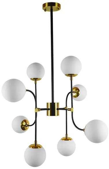 01649 GloboStar®  STARDUST 01649 Vintage Φωτιστικό Οροφής Πλέγμα Πολύφωτο 8 x E27 IP20 Μαύρο &amp; Χρυσό Μέταλλο με Λευκό Γυαλί - Μ75 x Π75 x Υ100cm