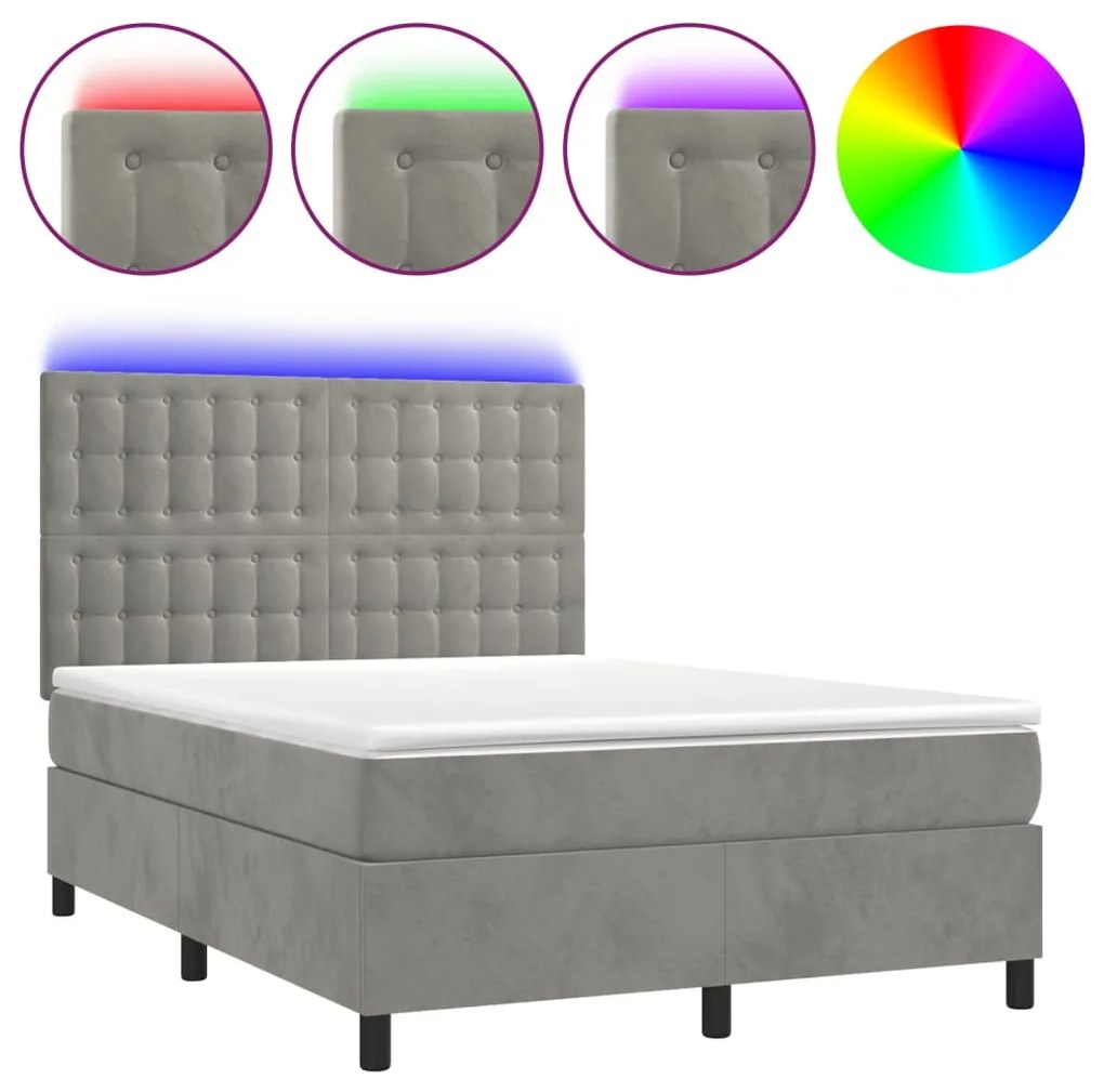 Κρεβάτι Boxspring με Στρώμα &amp; LED Αν.Γκρι 140x200 εκ. Βελούδινο - Γκρι