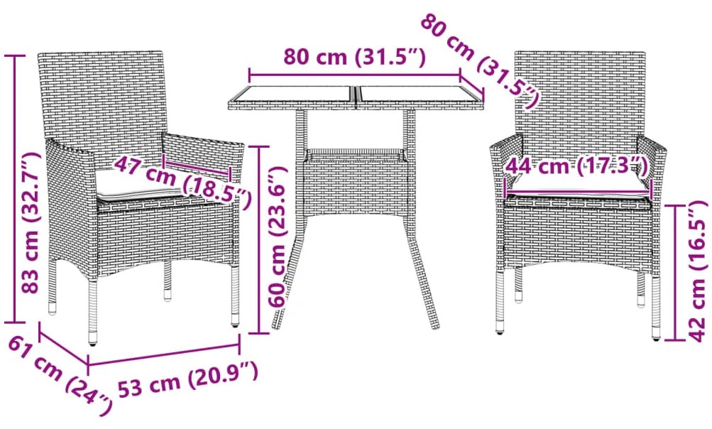 vidaXL Σετ Τραπεζαρίας Κήπου 3 τεμ. Γκρι Συνθ.Ρατάν/Γυαλί με Μαξιλάρια