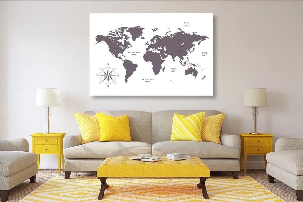 Εικόνα στο φελλό ενός αξιοπρεπούς χάρτη του κόσμου σε καφέ - 90x60  color mix