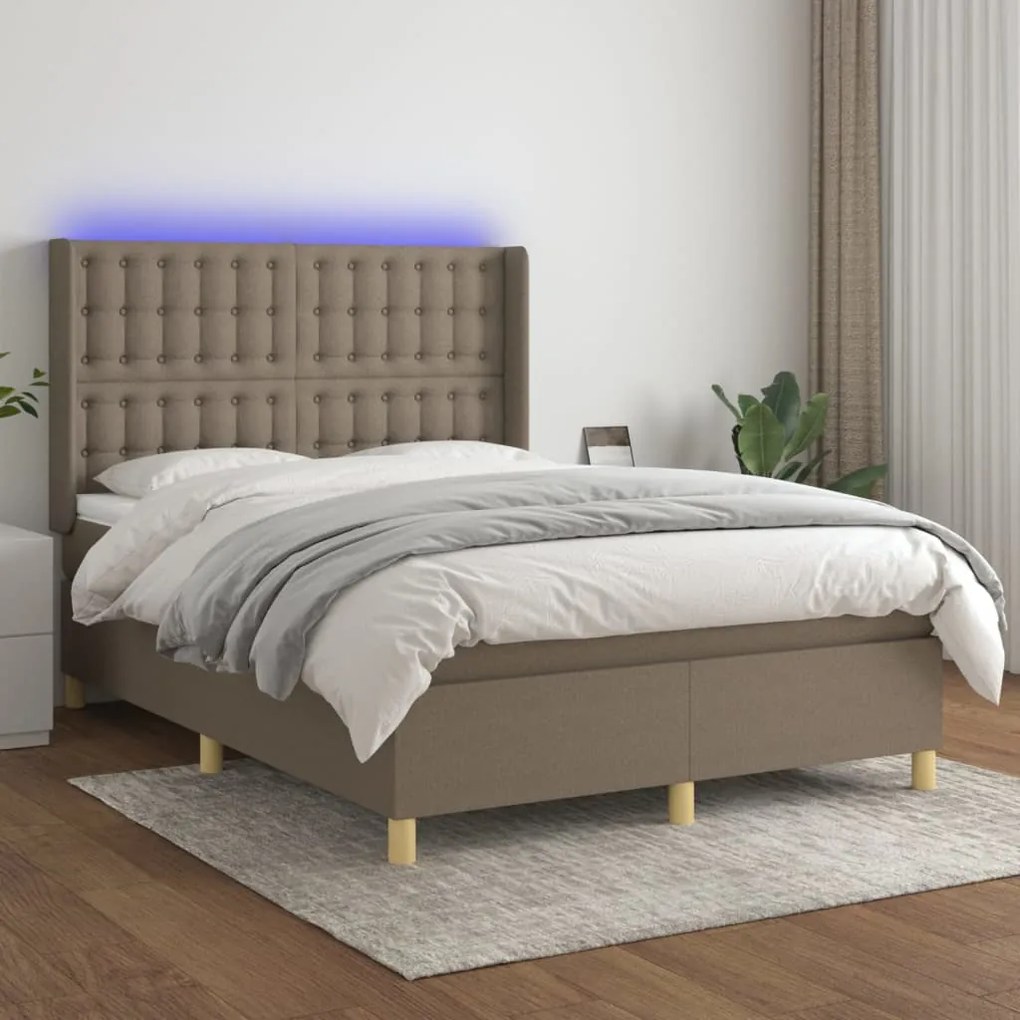 vidaXL Κρεβάτι Boxspring με Στρώμα & LED Taupe 140x190 εκ. Υφασμάτινο