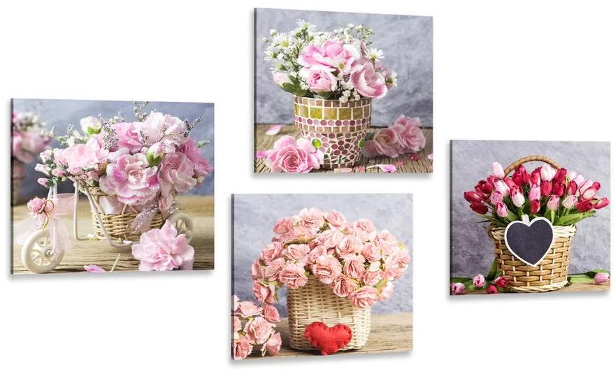 Σετ εικόνων με μπουκέτο λουλούδια σε vintage σχέδιο