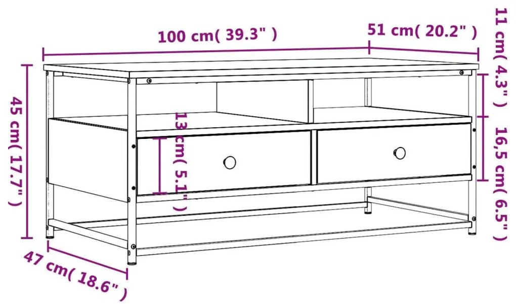 Τραπεζάκι Σαλονιού Καπνιστή Δρυς 100 x 51x 45 εκ. Επεξεργ. Ξύλο - Καφέ