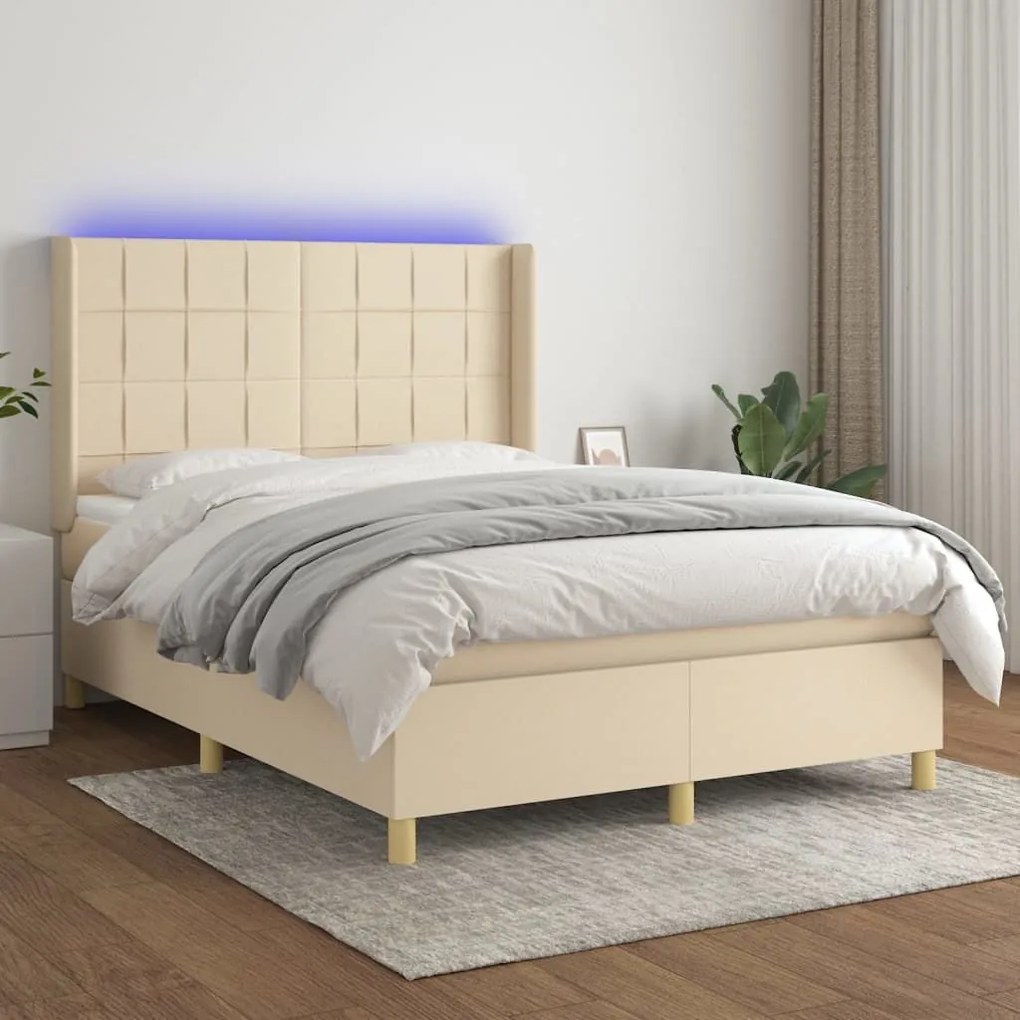 Κρεβάτι Boxspring με Στρώμα &amp; LED Κρεμ 140x200 εκ. Υφασμάτινο - Κρεμ