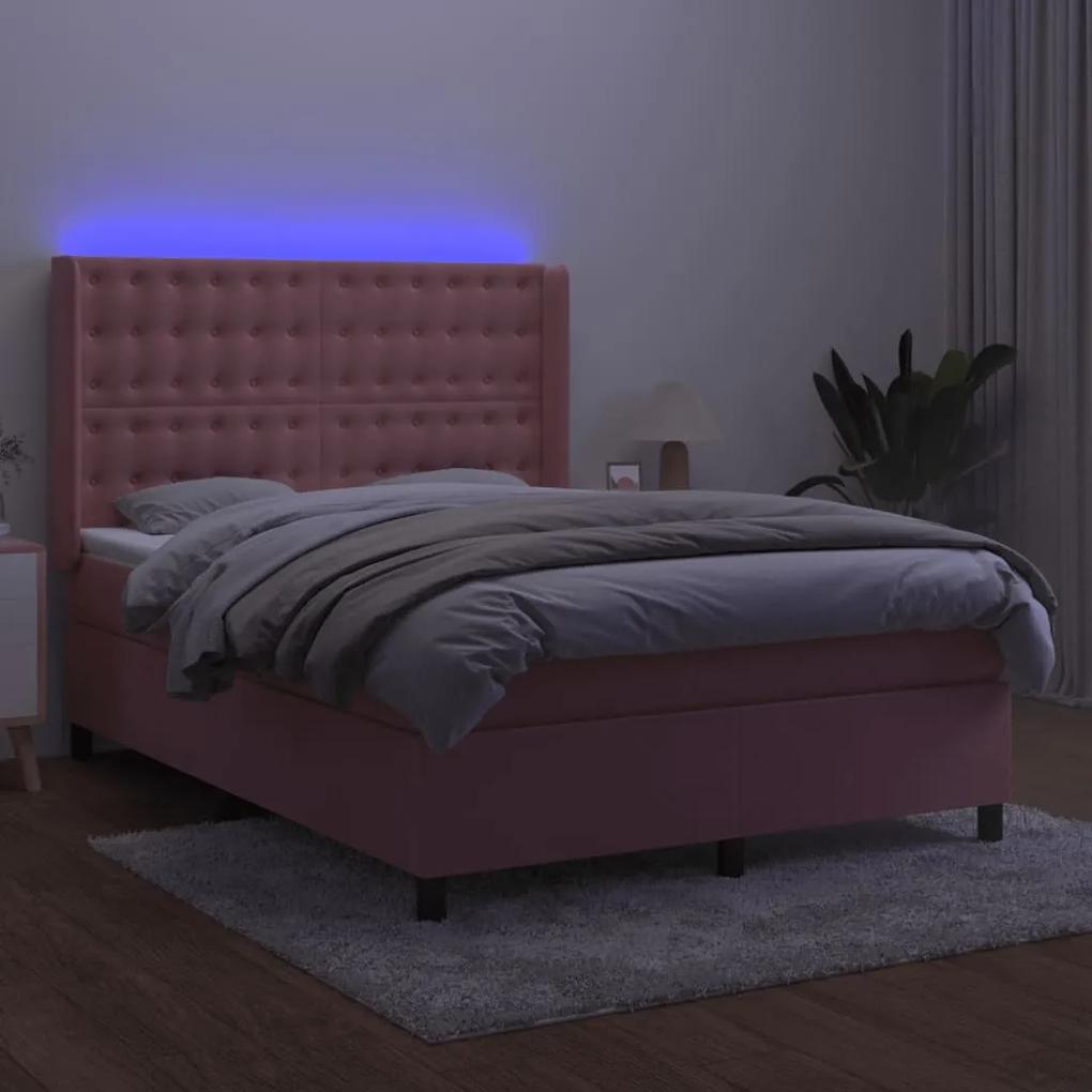 vidaXL Κρεβάτι Boxspring με Στρώμα & LED Ροζ 140x200 εκ. Βελούδινο