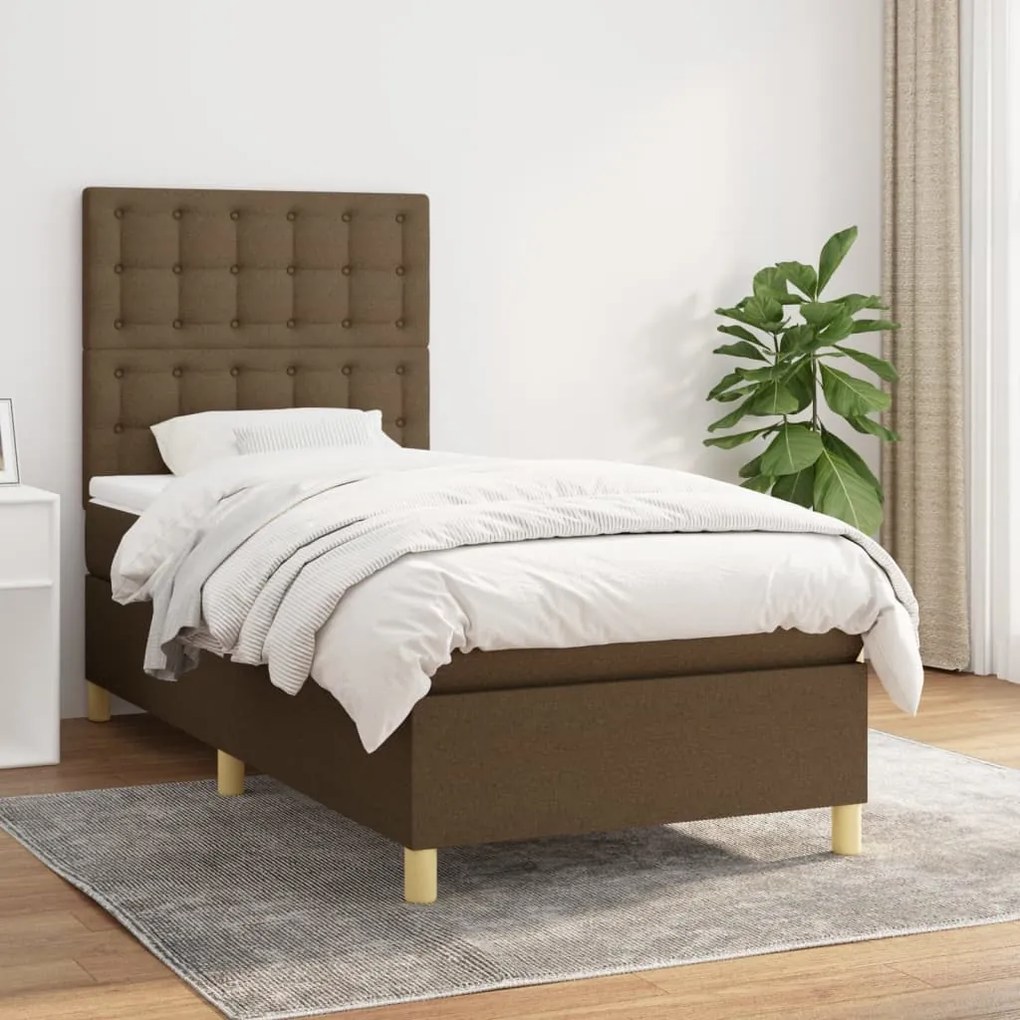 vidaXL Κρεβάτι Boxspring με Στρώμα Σκούρο Καφέ 90x200 εκ. Υφασμάτινο