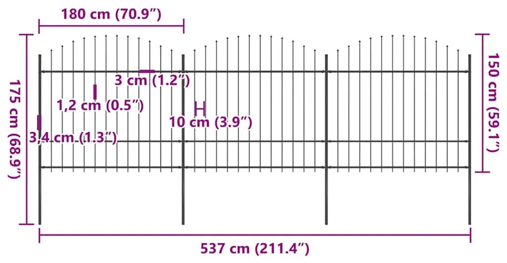 vidaXL Κάγκελα Περίφραξης με Λόγχες Μαύρα (1,5-1,75) x 5,1 μ. Ατσάλινα