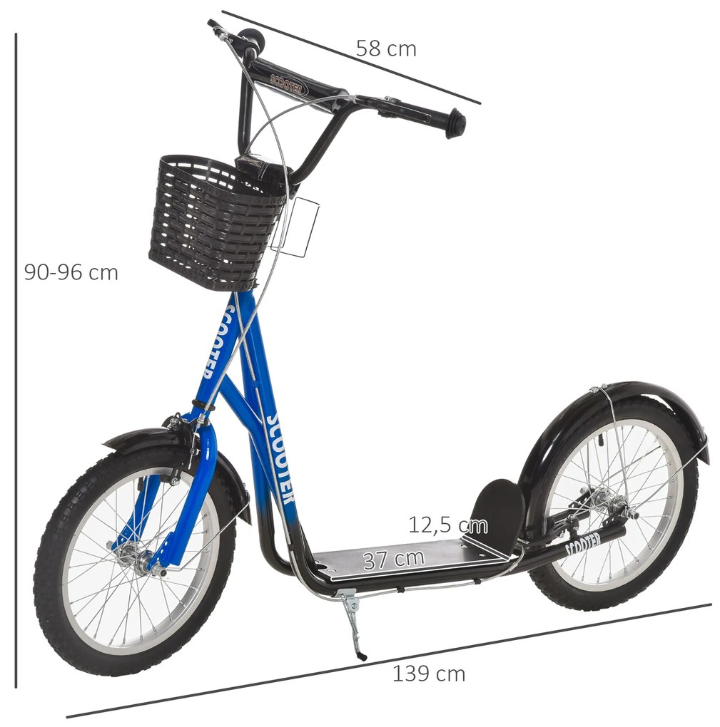 HOMCOM Πατίνι για Παιδιά, Scooter με Φρένο, με Καλάθι, Ρυθμιζόμενο Ύψος, για Παιδιά 5-12 ετών, Μπλε+Μαύρο
