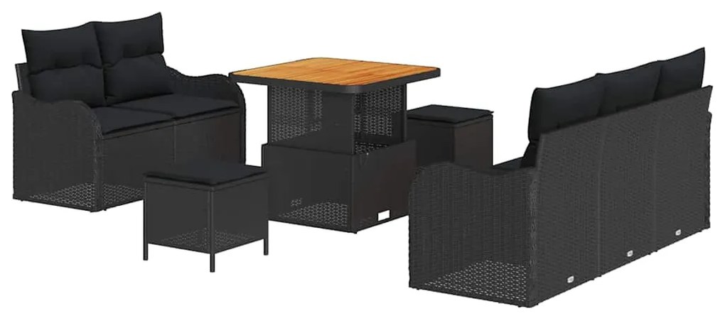 vidaXL Σετ Κήπου 8 Τεμαχίων με Μαξιλάρια Μαύρο Πολυ Ράτταν Ακακία