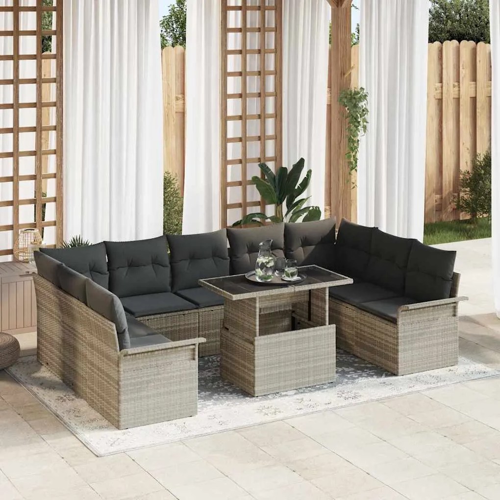 vidaXL Σετ Καναπέ Κήπου με μαξιλάρι 10 pcs Ανοιχτό γκρι Πολυ ράταν
