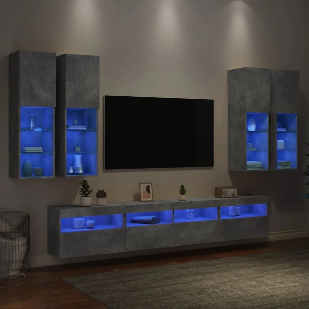 vidaXL Ντουλάπια Τηλεόρασης Τοίχου 7 τεμ. Φώτα LED Γκρι Σκυροδέματος