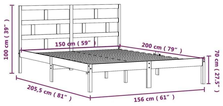 Πλαίσιο Κρεβατιού Μαύρο 150 x 200 εκ. Μασίφ Ξύλο King Size - Μαύρο