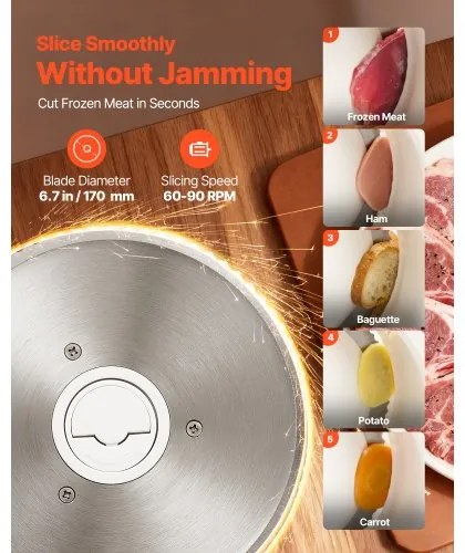 VEVOR Meat Slicer, 180W Electric Deli Slicer Machine with 170 mm Sharp Blade, Home Meat-Slicer with 60-90 RPM Slicing Speed, 0-15 mm Adjustable Thickness, for Frozen Meat, Ham, Baguett & Prime Steak