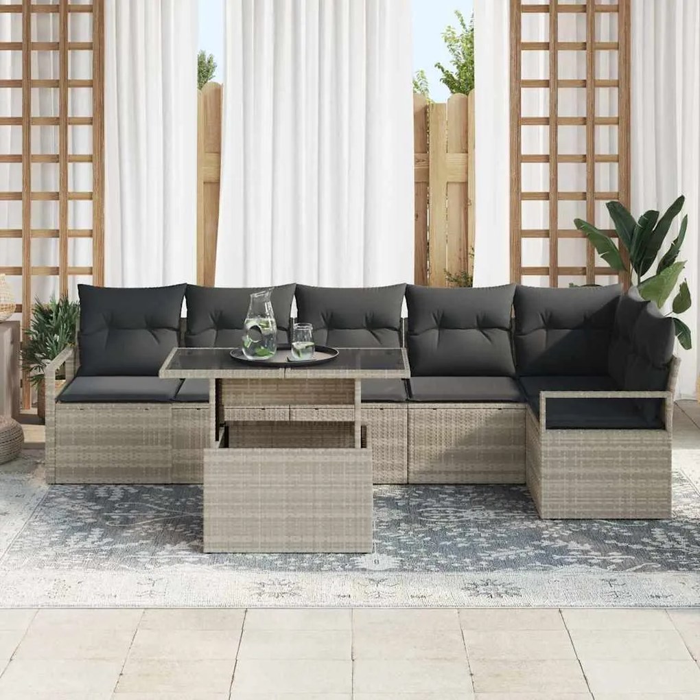 vidaXL Σετ Καναπέ Κήπου με μαξιλάρι 7 pcs Ανοιχτό γκρι Πολυ ράταν