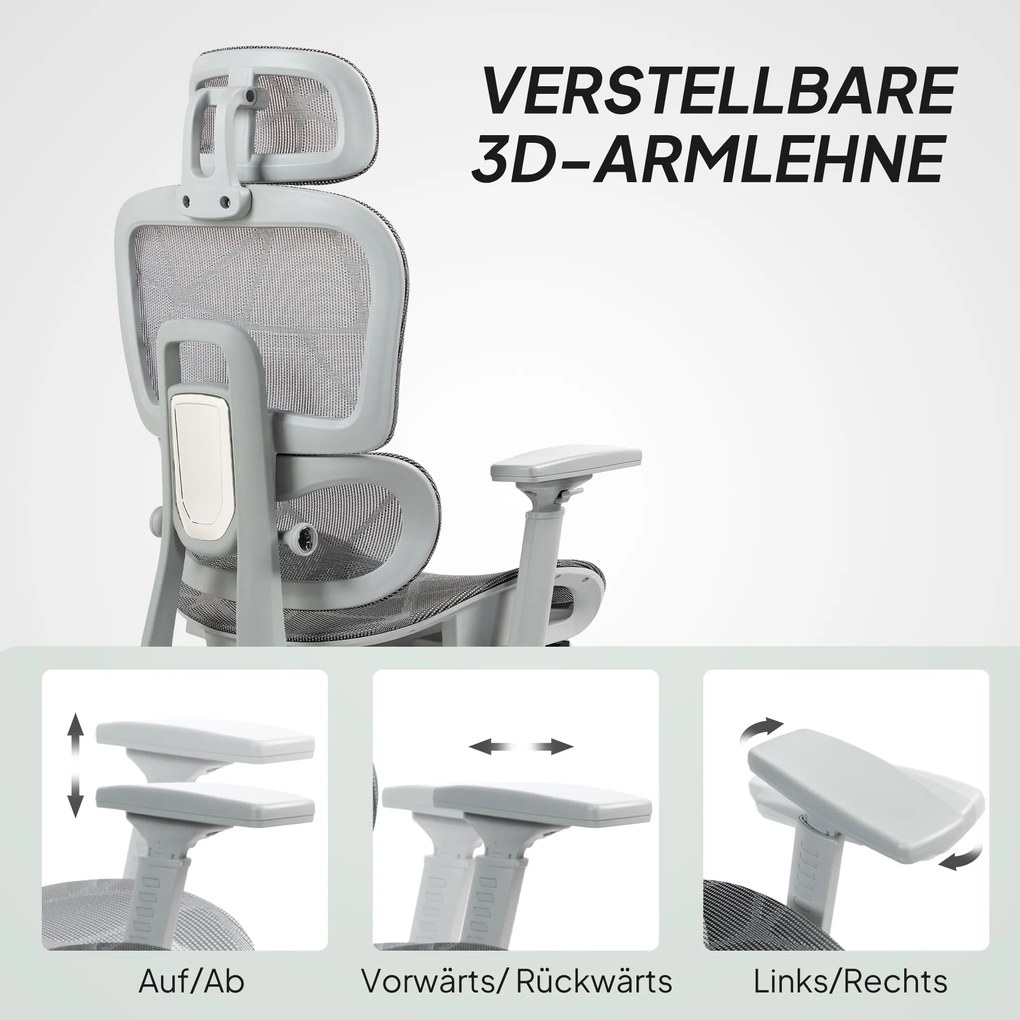 HOMCOM καρέκλα γραφείου, εργονομική καρέκλα γραφείου με κάλυμμα πλέγματος, ρυθμιζόμενη, τροχήλατη, με μπράτσα, προσκέφαλο, γκρι