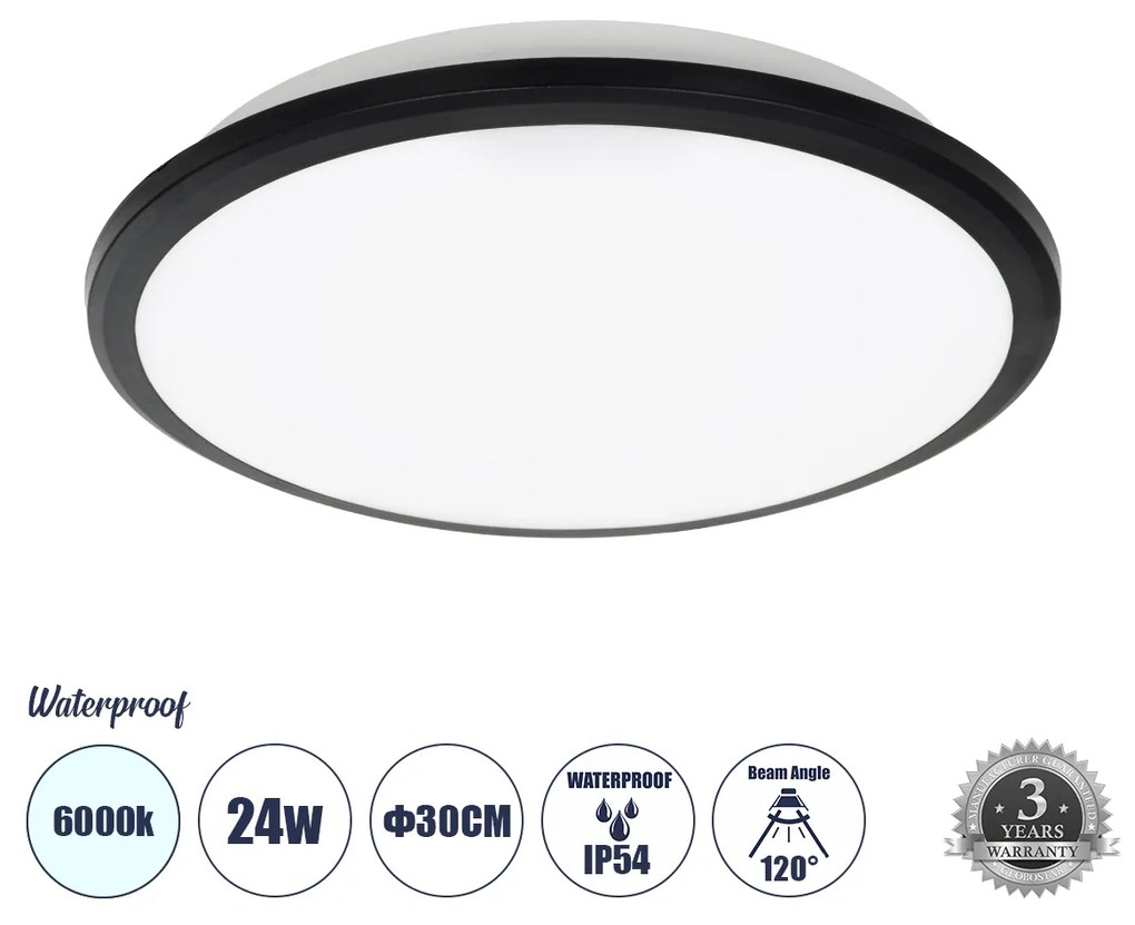 GloboStar® TUFFIN 60996 Πλαφονιέρα Οροφής LED 24W 2760lm 120° AC 220-240V Αδιάβροχη IP54 Φ30 x Υ6.5cm Ψυχρό Λευκό 6000K - Μαύρο - Bridgelux Chips - 3 Years Warranty