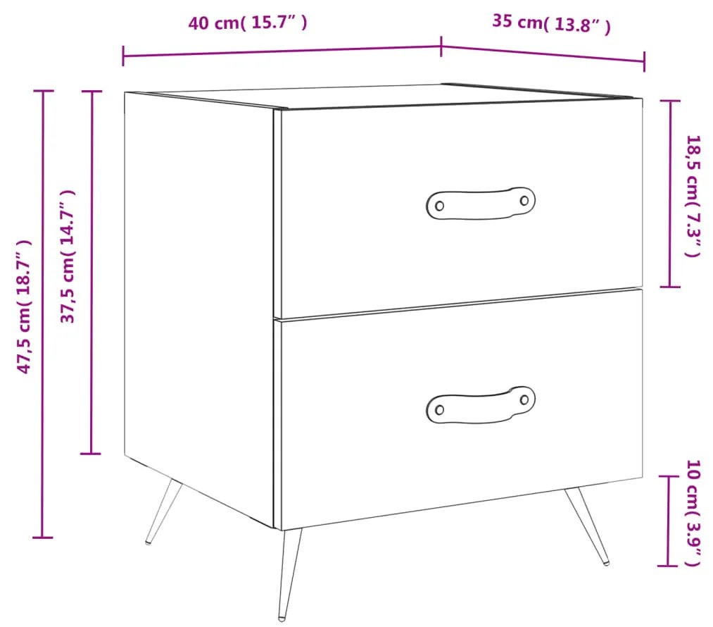 Κομοδίνα 2 τεμ. Λευκά 40 x 35 x 47,5 εκ. από Επεξεργασμένο Ξύλο - Λευκό