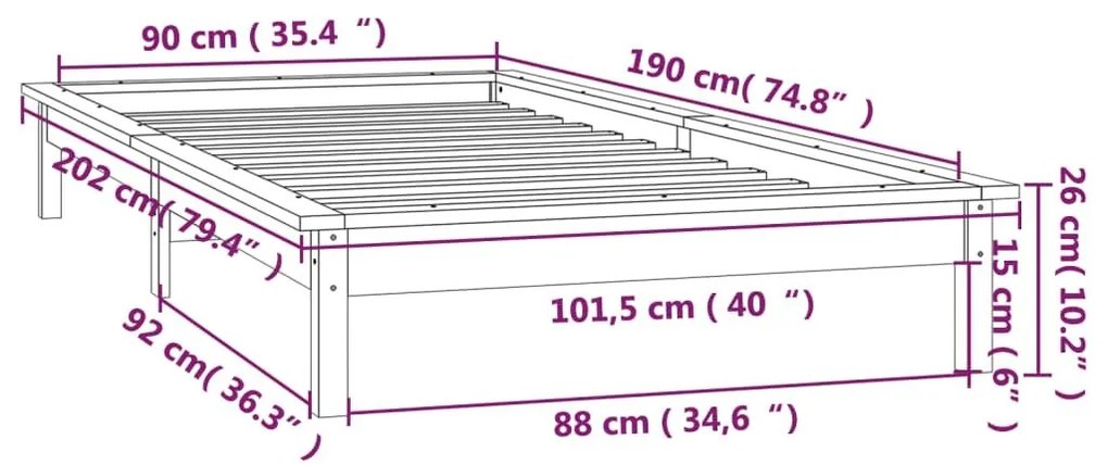 Πλαίσιο Κρεβατιού με LED Γκρι 90 x 190 εκ. Μονό από Μασίφ Ξύλο - Γκρι