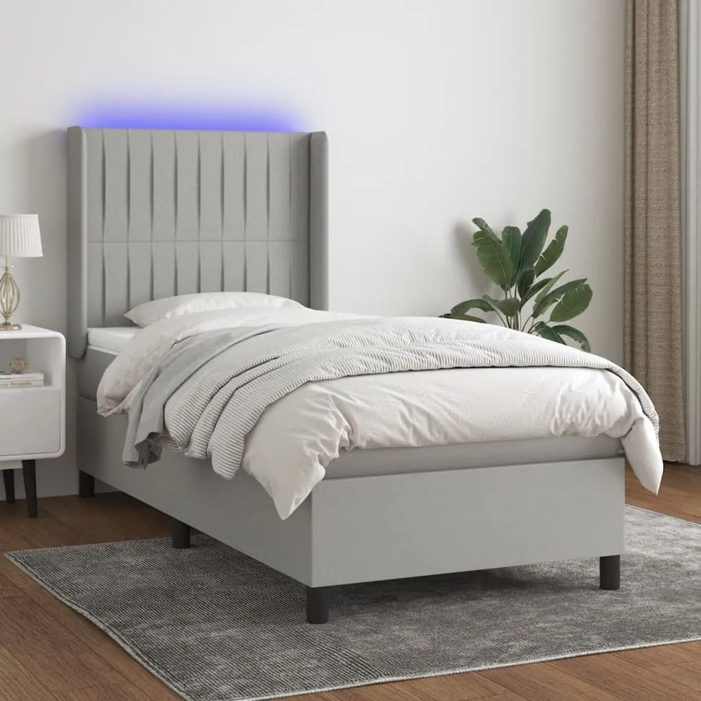 Κρεβάτι Boxspring με Στρώμα &amp; LED Αν.Γκρι 90x190 εκ. Υφασμάτινο - Γκρι