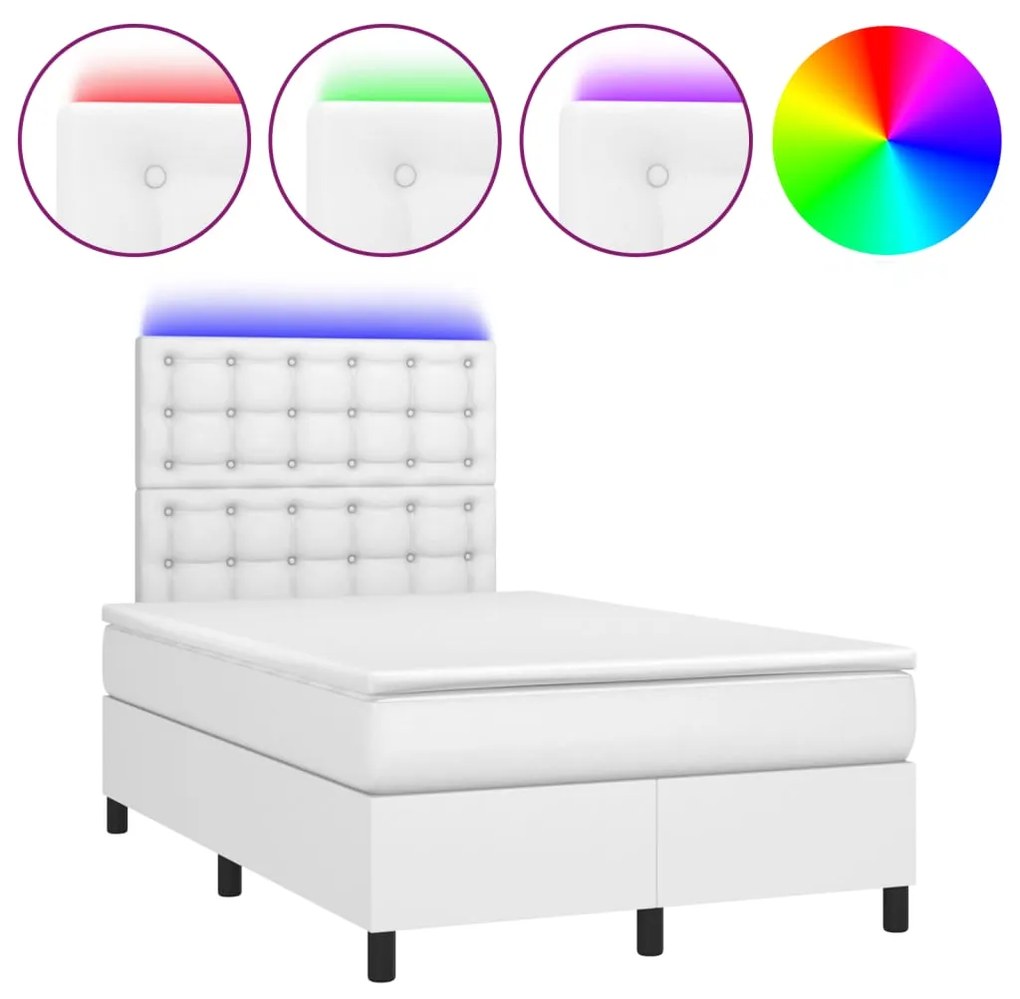 Κρεβάτι Boxspring με Στρώμα &amp; LED Λευκό 120x190 εκ. Συνθ. Δέρμα  - Λευκό