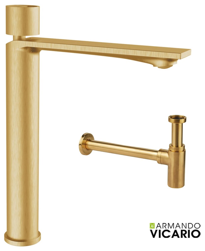 Armando Vicario Halo Gold Brushed Σιφών +Μπαταρία Νιπτήρος υψηλή με βαλβίδα clic-clac