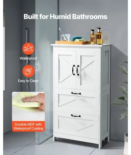 VEVOR Wooden Bathroom Floor Cabinet Storage 2 Drawers and Adjustable Shelf White