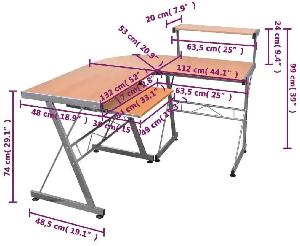 Γραφείο Υπολογιστή Γωνιακό Καφέ 132 x 112 x 99 εκ. Επεξ. Ξύλο - Καφέ