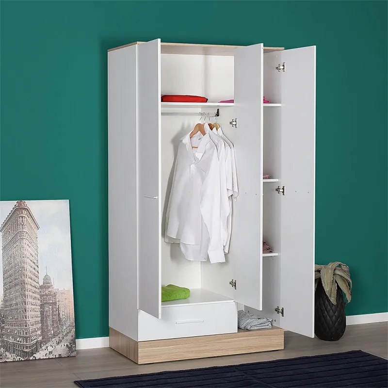 Ντουλάπα ρούχων Base Megapap τρίφυλλη με συρτάρια χρώμα λευκό - sonoma 103x52x198εκ.