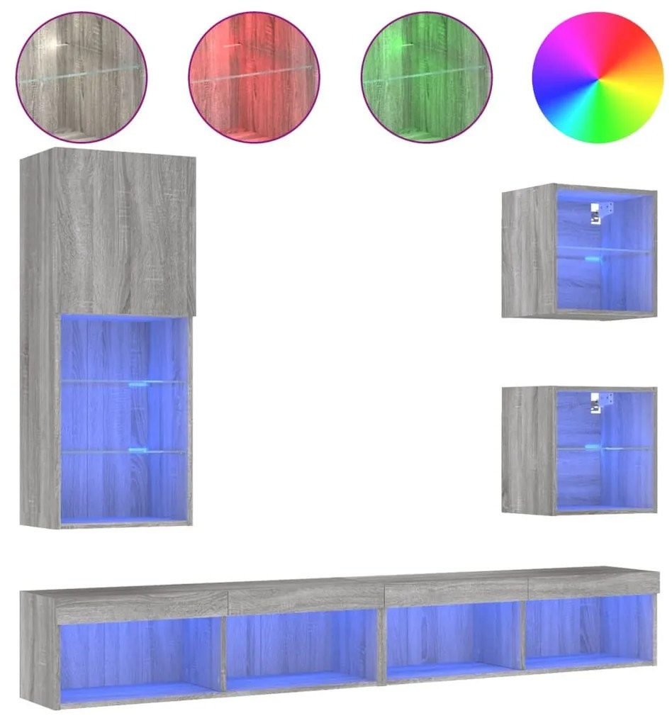 Έπιπλα Τοίχου Τηλεόρασης 5 τεμ. LED Γκρι Sonoma από Επεξ. Ξύλο - Γκρι