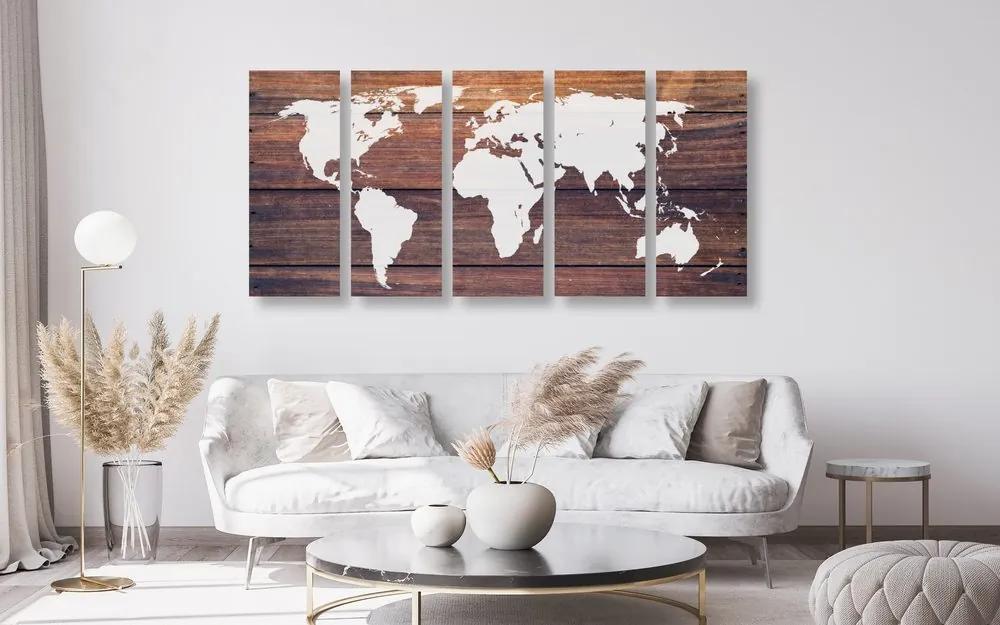 Χάρτης εικόνας 5 μερών του κόσμου με ξύλινο φόντο - 100x50