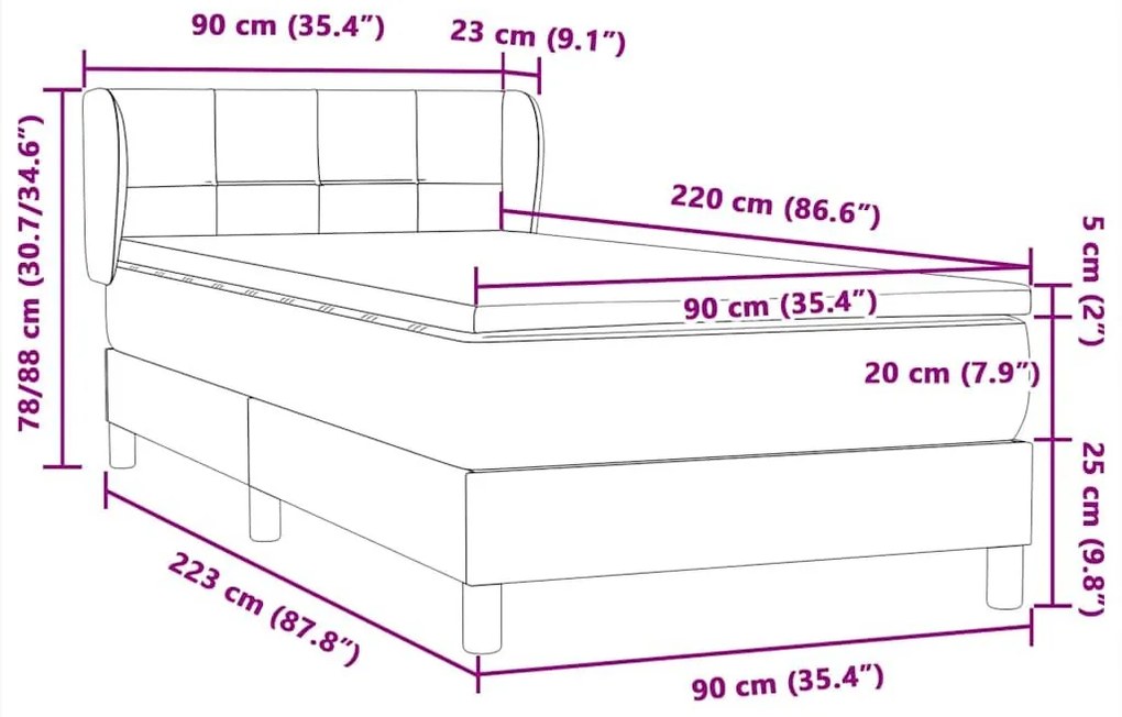 Κρεβάτι Boxspring με Στρώμα Σκούρο Γκρι 90x220 εκ. Βελούδινο - Γκρι