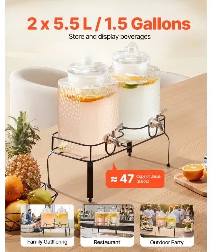 VEVOR Drink Dispenser 5.5L Beverage Dispenser for Parties Glass with Stand 2PCS