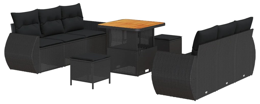 vidaXL Σετ 9 Τεμαχίων Καναπέ Κήπου με Μαξιλάρια Μαύρο Πολυ Ρατάν Ακακία