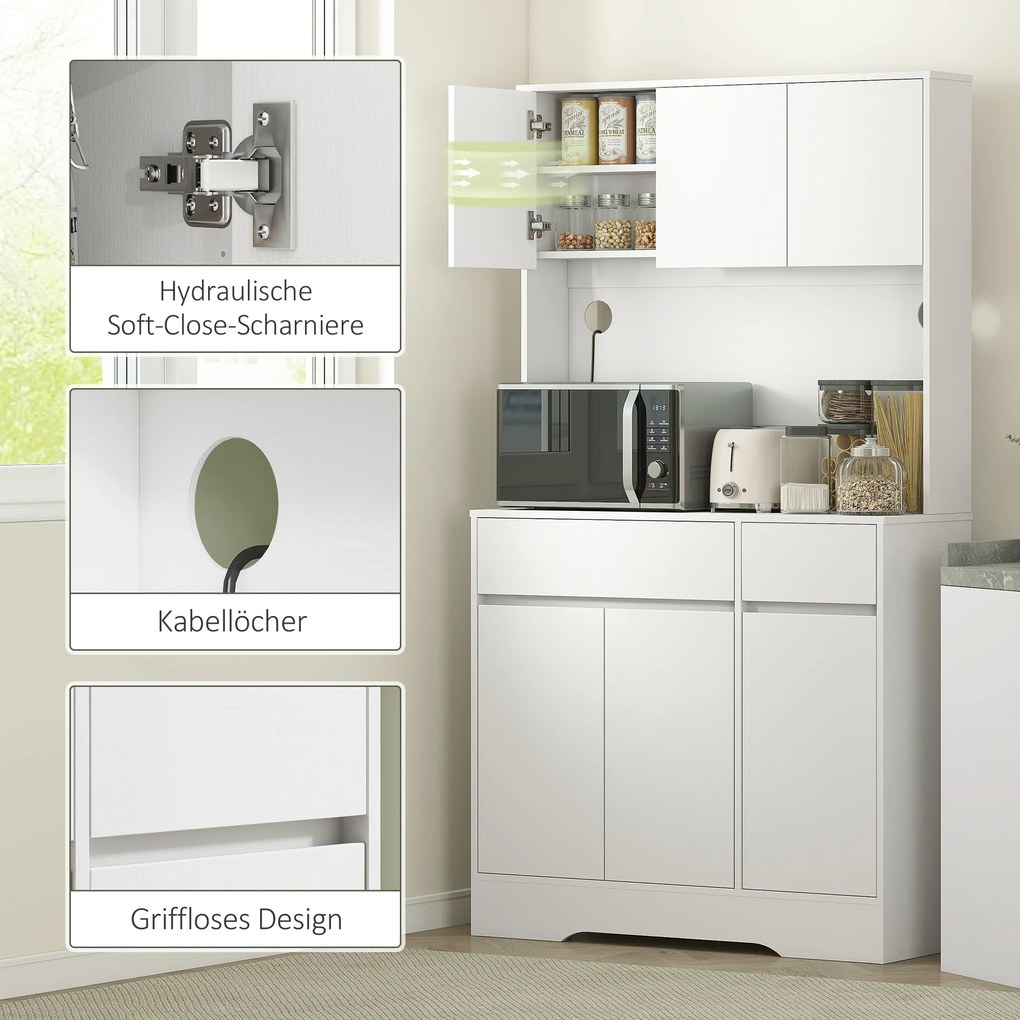 HOMCOM Ντουλάπι Κουζίνας με Ανοιχτό Χώρο Εργασίας, 6 Ντουλάπια, 2 Συρτάρια, Ρυθμιζόμενα Ράφια, Οπές Καλωδίων, Πλάκα Μορίων, Λευκό