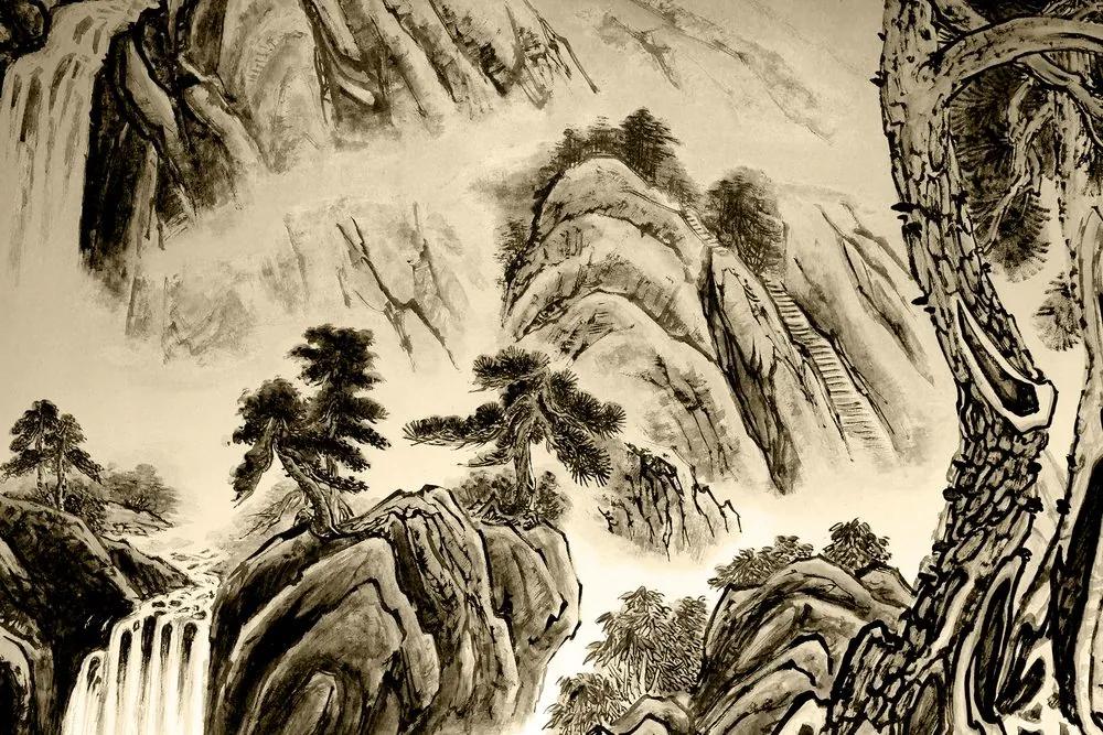 Εικόνα κινεζική ζωγραφική τοπίων σε σέπια - 120x80
