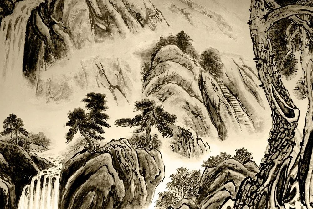 Εικόνα κινεζική ζωγραφική τοπίων σε σέπια - 90x60