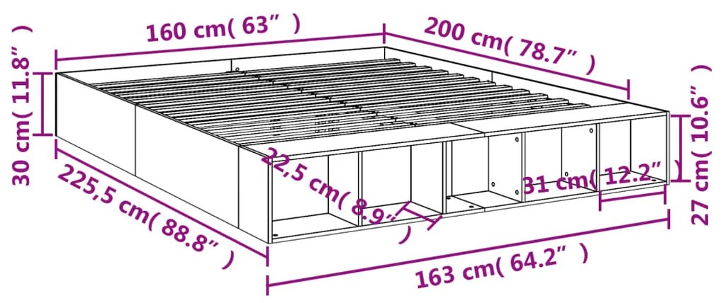 Πλαίσιο Κρεβατιού Γκρι Σκυροδέματος 160x200 εκ. Επεξεργ. Ξύλο - Γκρι