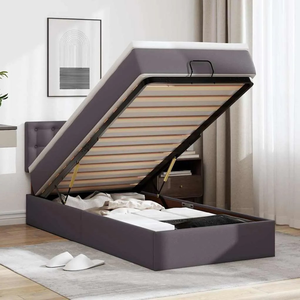 vidaXL Οθωμανικό κρεβάτι με στρώματα &amp; LEDs Γκρι 80x200cm Faux Leather
