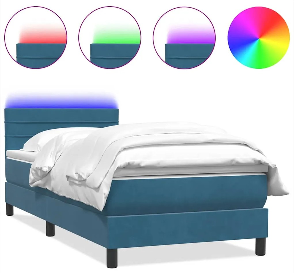 vidaXL Κρεβάτι Boxspring με Στρώμα &amp; LED Σκούρο Μπλε 80x220 εκ. Βελούδινο