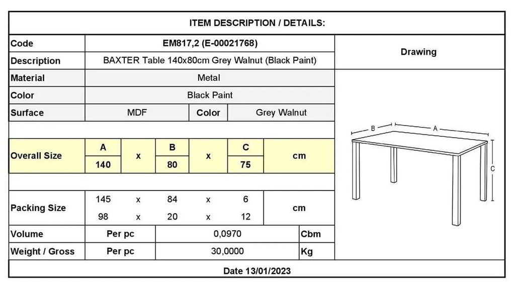 Τραπέζι BAXTER 140x80cm Grey Walnut/Βαφή Μαύρη