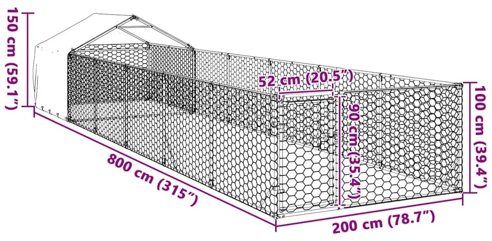 Κλουβί Σκύλου Εξωτερ. Χώρου με τρεχάλα 8x2x1,5μ. Γαλβαν. Ατσάλι - Ασήμι