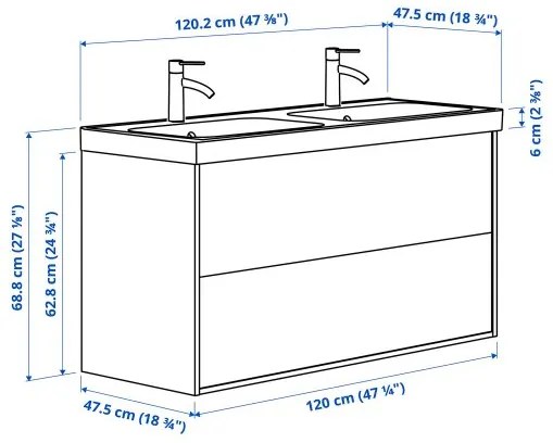 ANGSJON/BACKSJON βάση νιπτήρα με συρτάρια/νιπτήρα/μπαταρίες, 120x48x69 cm 595.140.12