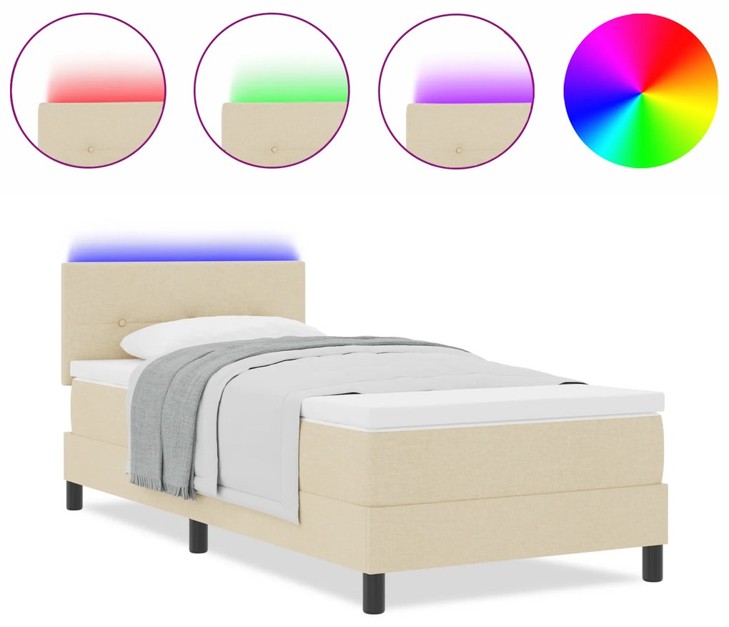 vidaXL Box Spring Bed της με Στρώμα & LED Μπεζ 100x200 εκ. Ύφασμα