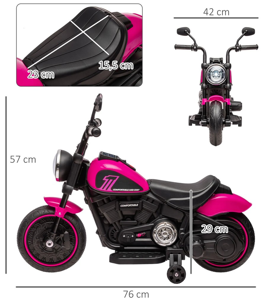 HOMCOM Ηλεκτρική παιδική μοτοσικλέτα με βοηθητικούς τροχούς, προβολείς, 1,5 έως 3 km/h, για παιδιά 1,5 έως 3 ετών, ροζ
