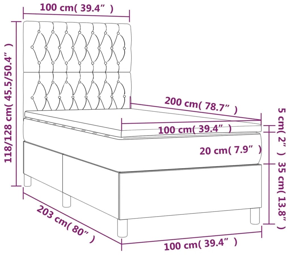 Κρεβάτι Boxspring με Στρώμα &amp; LED Σκ. Μπλε 100x200εκ. Βελούδινο - Μπλε