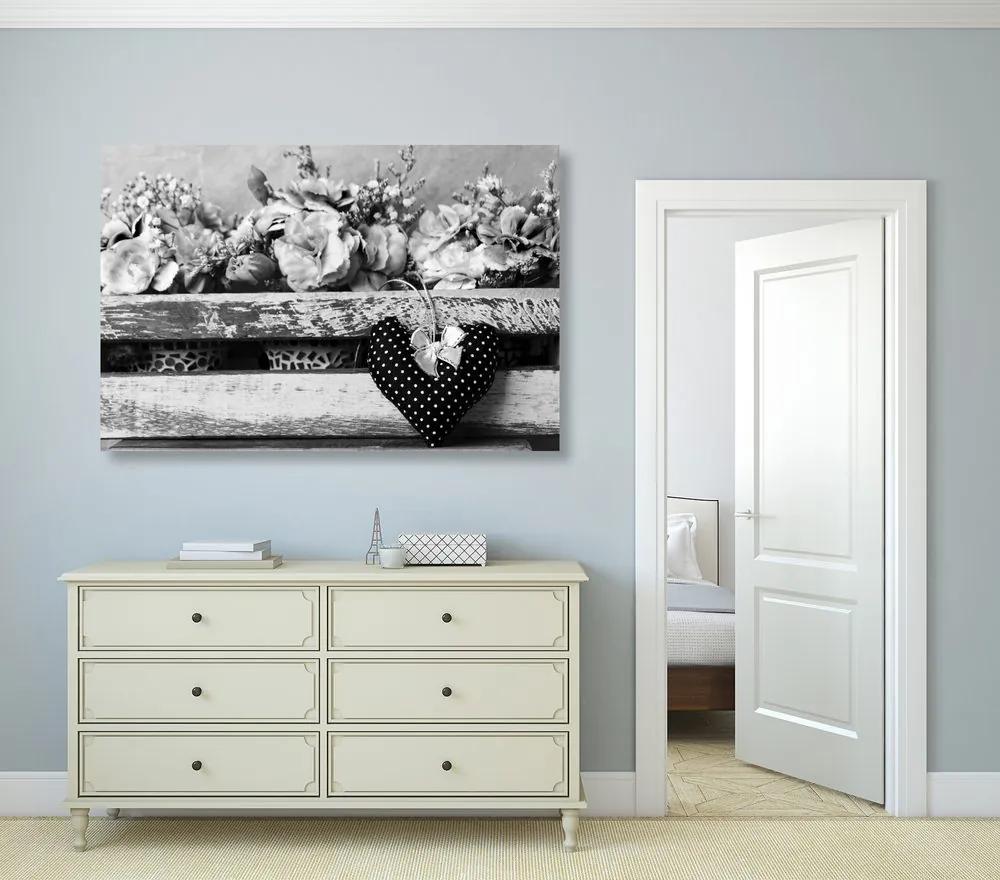 Εικόνα λουλουδιών γαρύφαλλου σε ξύλινο τελάρο σε μαύρο & άσπρο - 60x40